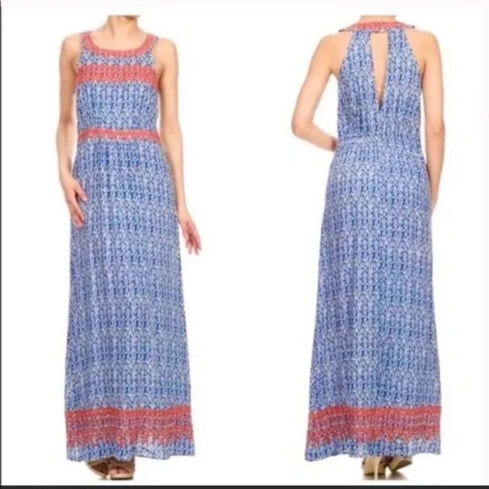 THML Blue and Coral Patterned Maxi Dress